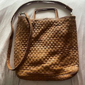 Natural color woven leather rectangular bag with handle and shoulder strap